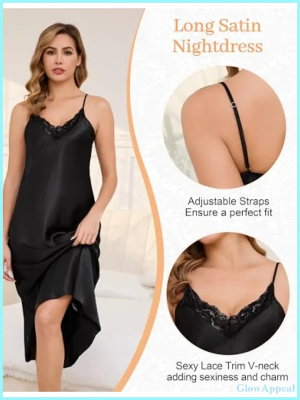 Women's Satin Nightgown with Lace Trim Adjustable Straps Silky Long Chemise